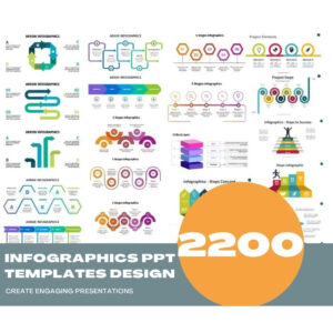 Preview collage of minimalist infographic slides showing timelines, bar/line charts, maps, SWOT grids, funnels, cycle diagrams, and org charts in 16:9 widescreen.