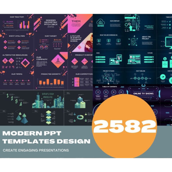 Preview grid of minimalist presentation slides showing futuristic typography, neutral palettes, simple charts, timelines, and portfolio layouts in 16:9 widescreen.