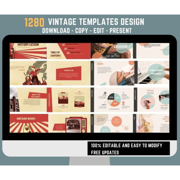 1,280 vintage PowerPoint templates in classic and retro styles, fully editable for Google Slides, Microsoft PowerPoint, and Keynote presentations