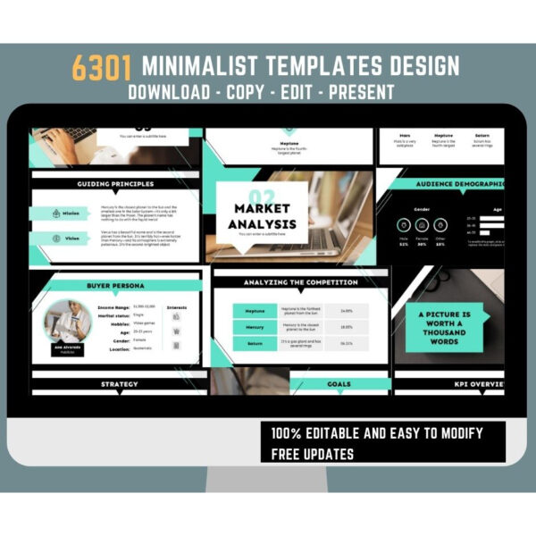 Preview of minimalist presentation templates showing clean typography, neutral color palettes, and simple charts in 16:9 widescreen format.