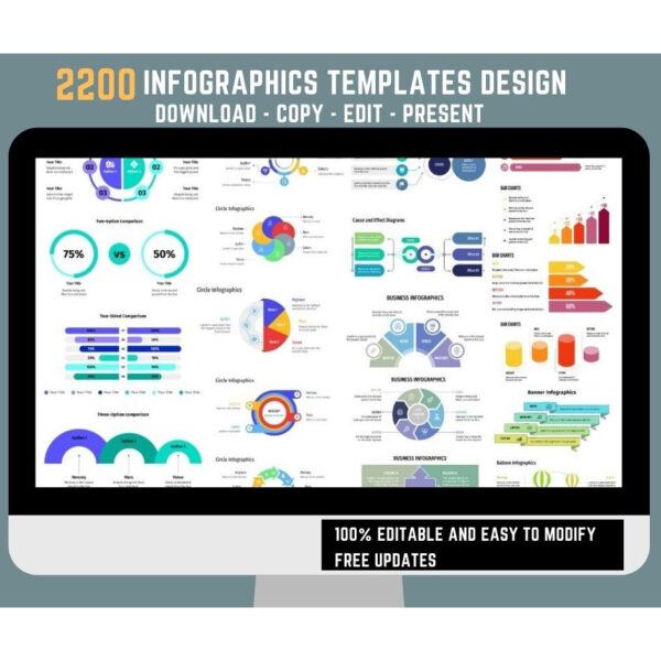 Preview collage of minimalist infographic slides showing timelines, bar/line charts, maps, SWOT grids, funnels, cycle diagrams, and org charts in 16:9 widescreen.
