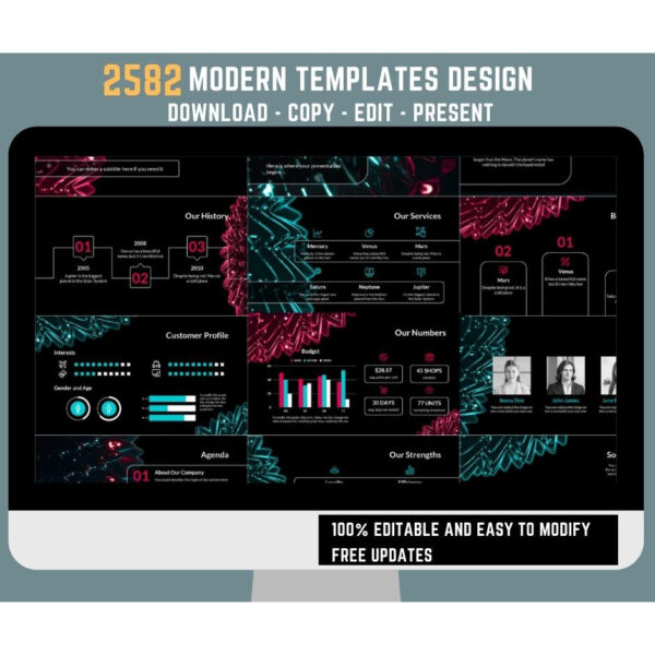 Preview grid of minimalist presentation slides showing futuristic typography, neutral palettes, simple charts, timelines, and portfolio layouts in 16:9 widescreen.