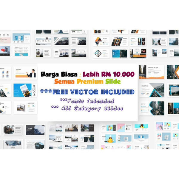 Preview collage of professional PowerPoint templates in multiple categories including business, education, marketing, infographics, timelines, and creative layouts in HD widescreen format.