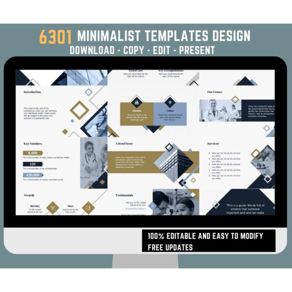 Preview of minimalist presentation templates showing clean typography, neutral color palettes, and simple charts in 16:9 widescreen format.