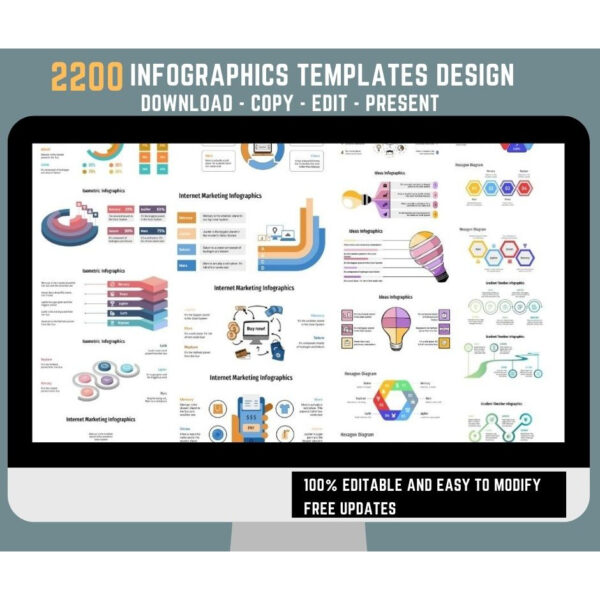 Preview collage of minimalist infographic slides showing timelines, bar/line charts, maps, SWOT grids, funnels, cycle diagrams, and org charts in 16:9 widescreen.