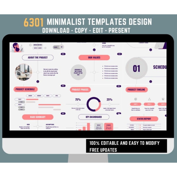 Preview of minimalist presentation templates showing clean typography, neutral color palettes, and simple charts in 16:9 widescreen format.
