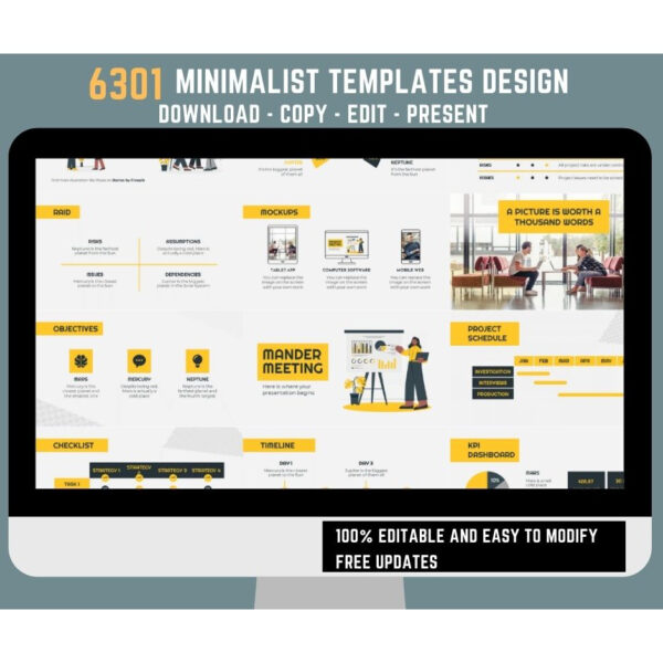 Preview of minimalist presentation templates showing clean typography, neutral color palettes, and simple charts in 16:9 widescreen format.