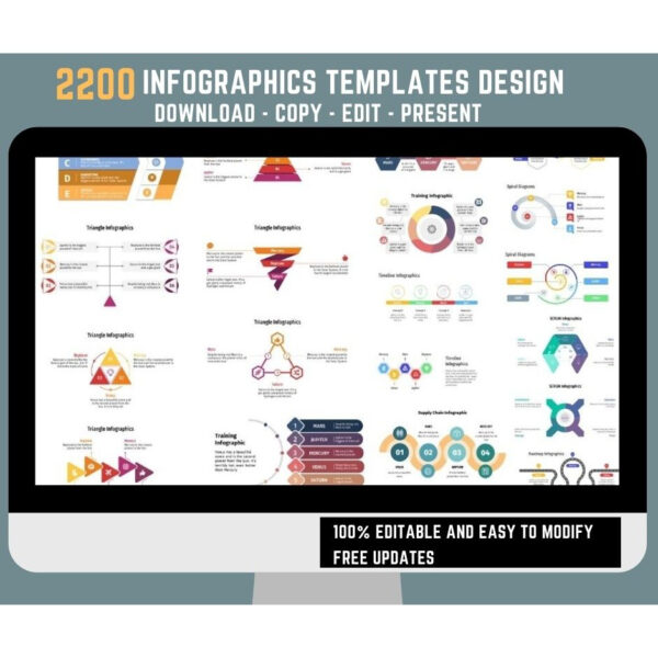 Preview collage of minimalist infographic slides showing timelines, bar/line charts, maps, SWOT grids, funnels, cycle diagrams, and org charts in 16:9 widescreen.