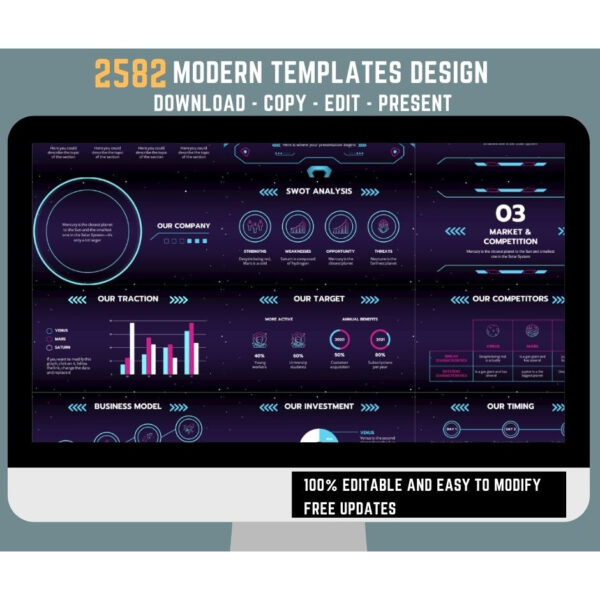 Preview grid of minimalist presentation slides showing futuristic typography, neutral palettes, simple charts, timelines, and portfolio layouts in 16:9 widescreen.