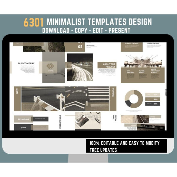 Preview of minimalist presentation templates showing clean typography, neutral color palettes, and simple charts in 16:9 widescreen format.