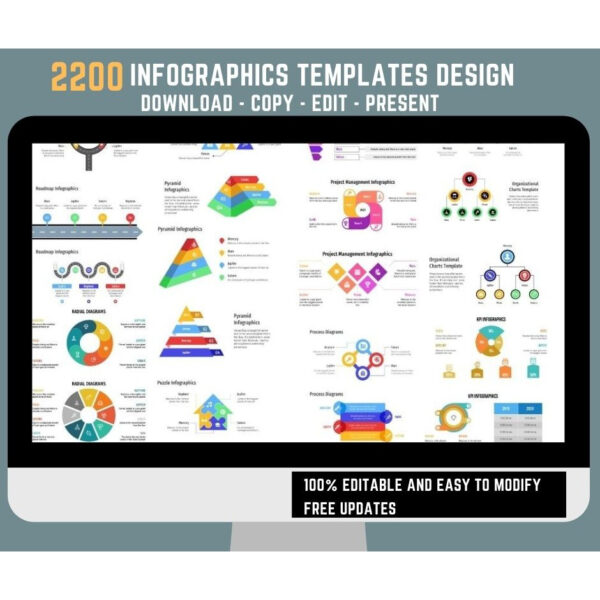 Preview collage of minimalist infographic slides showing timelines, bar/line charts, maps, SWOT grids, funnels, cycle diagrams, and org charts in 16:9 widescreen.