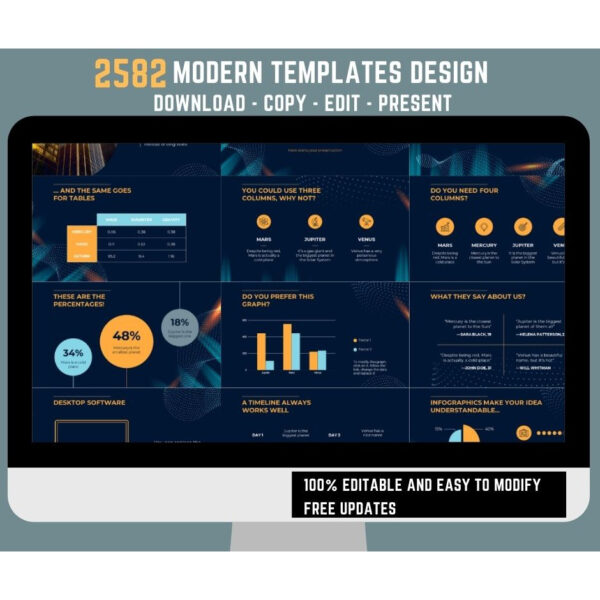 Preview grid of minimalist presentation slides showing futuristic typography, neutral palettes, simple charts, timelines, and portfolio layouts in 16:9 widescreen.