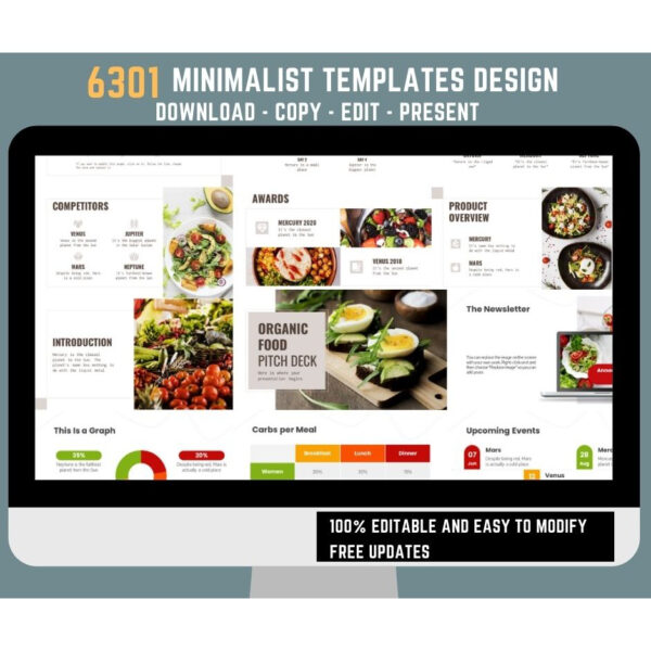 Preview of minimalist presentation templates showing clean typography, neutral color palettes, and simple charts in 16:9 widescreen format.