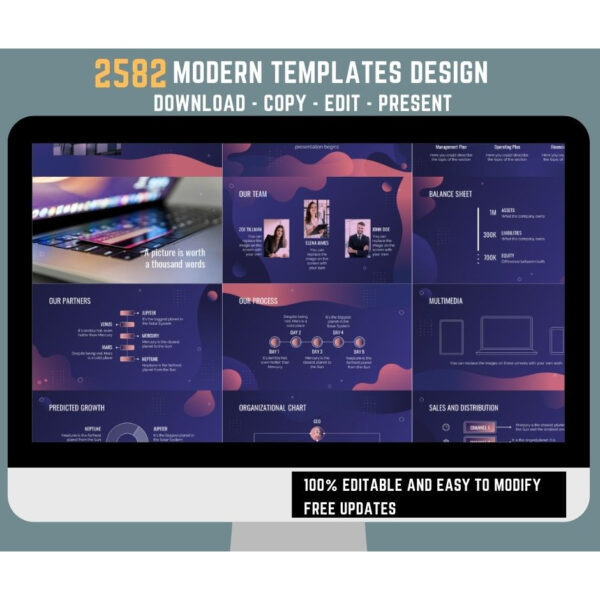 Preview grid of minimalist presentation slides showing futuristic typography, neutral palettes, simple charts, timelines, and portfolio layouts in 16:9 widescreen.
