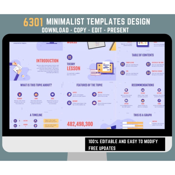 Preview of minimalist presentation templates showing clean typography, neutral color palettes, and simple charts in 16:9 widescreen format.