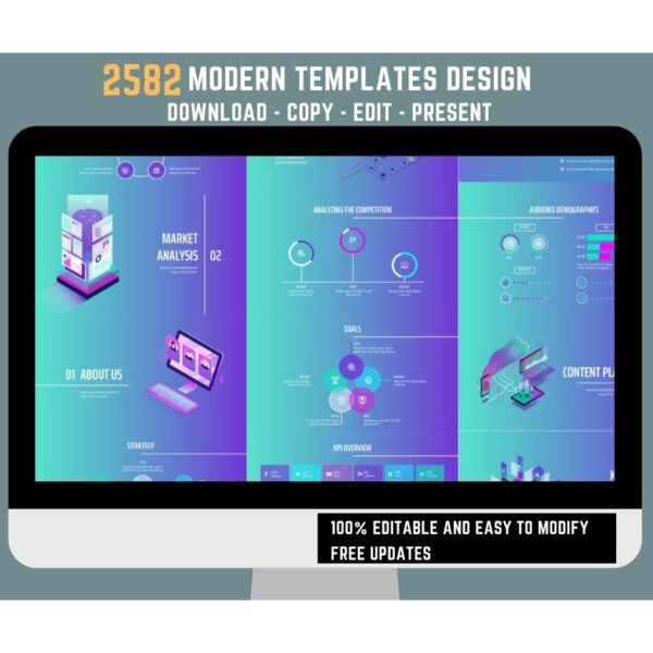 Preview grid of minimalist presentation slides showing futuristic typography, neutral palettes, simple charts, timelines, and portfolio layouts in 16:9 widescreen.