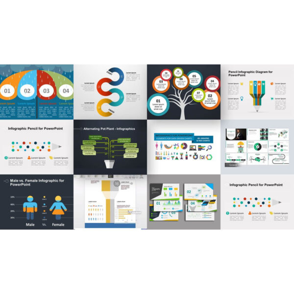 Preview collage of professional PowerPoint templates in multiple categories including business, education, marketing, infographics, timelines, and creative layouts in HD widescreen format.