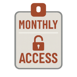 Monthly subscription badge with orange padlock icon and access label on transparent background.