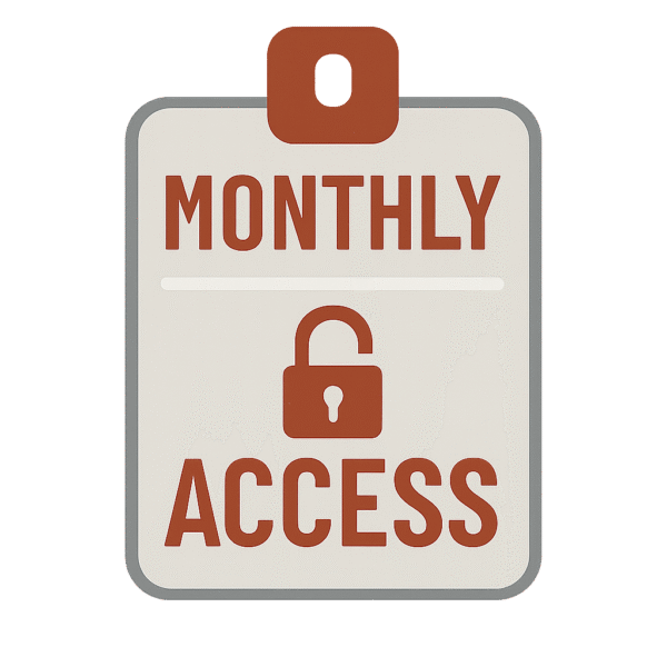 Monthly subscription badge with orange padlock icon and access label on transparent background.