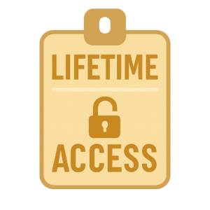 Gold lifetime access badge with open padlock representing unlimited digital subscription.