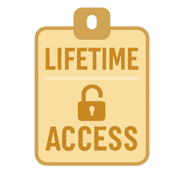 Gold lifetime access badge with open padlock representing unlimited digital subscription.