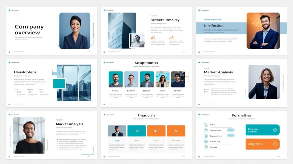 Pitching deck for startup - template bundle A collage of nine professionally designed slides from a startup pitch deck template. The slides feature a clean, modern layout with blue and grey accents, including sections for Company Overview, Market Analysis, Team, and Financials, designed for entrepreneurs pitching to investors.</p>
<p>