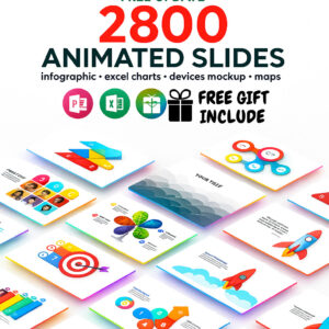 "Multipurpose animated infographics PowerPoint templates bundle with 2800 professional slides, modern charts, maps, and vector icons for presentations